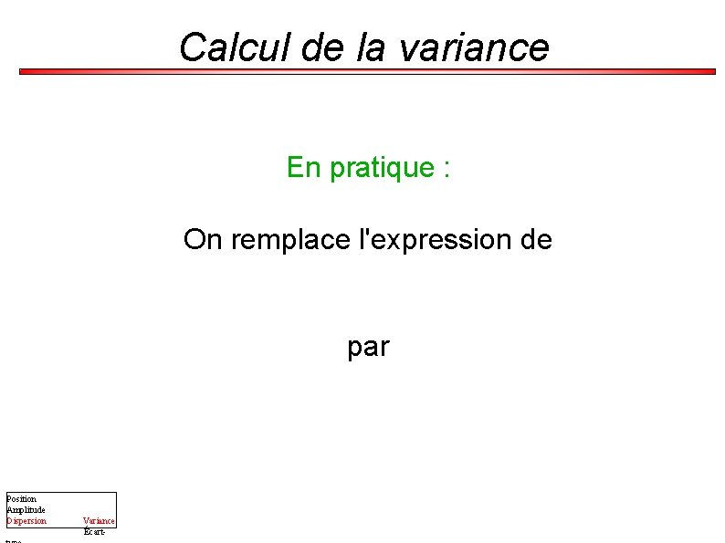 Calcul de la variance En pratique : On remplace l'expression de par Position Amplitude