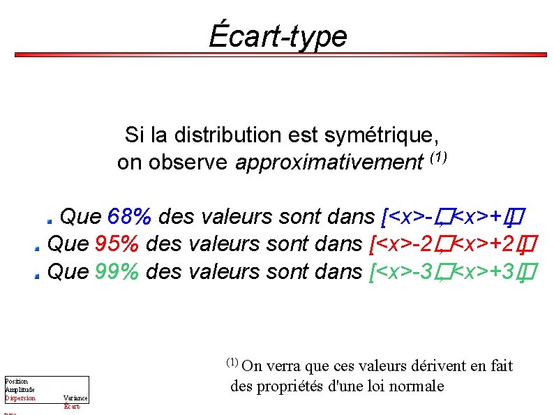 Écart-type Si la distribution est symétrique, on observe approximativement (1) Que 68% des valeurs