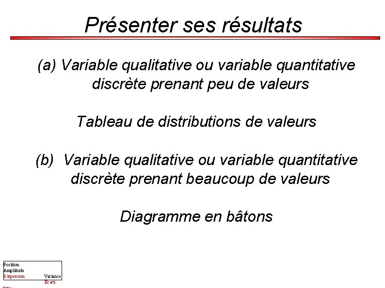 Présenter ses résultats (a) Variable qualitative ou variable quantitative discrète prenant peu de valeurs