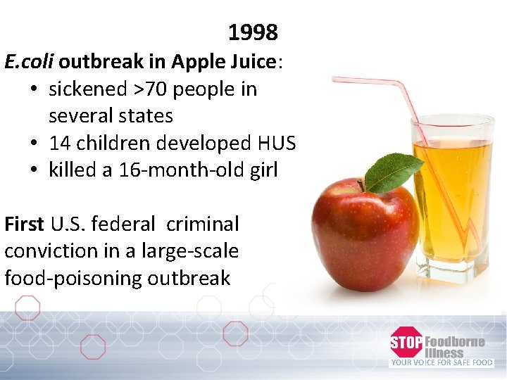 1998 E. coli outbreak in Apple Juice: • sickened >70 people in several states