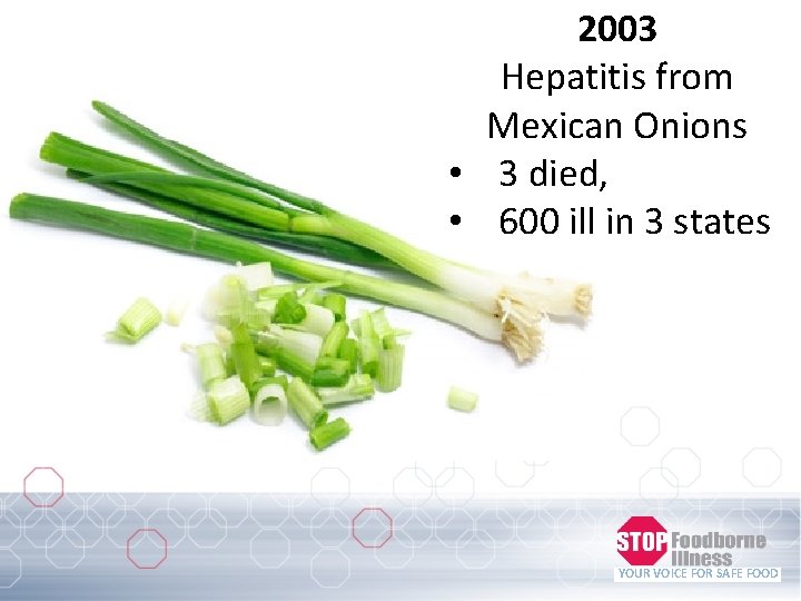 2003 Hepatitis from Mexican Onions • 3 died, • 600 ill in 3 states