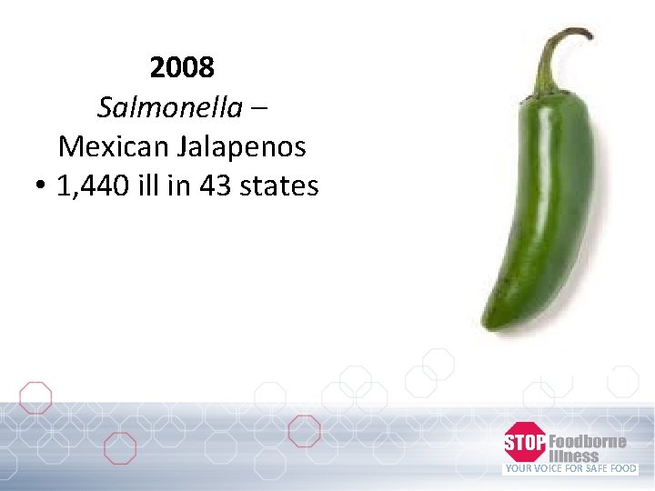 2008 Salmonella – Mexican Jalapenos • 1, 440 ill in 43 states YOUR VOICE