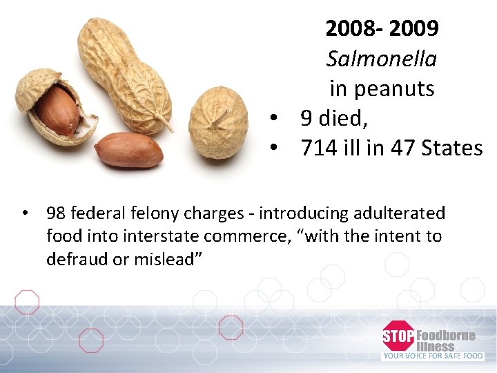 2008 - 2009 Salmonella in peanuts • 9 died, • 714 ill in 47