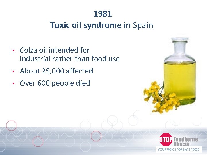 1981 Toxic oil syndrome in Spain • Colza oil intended for industrial rather than