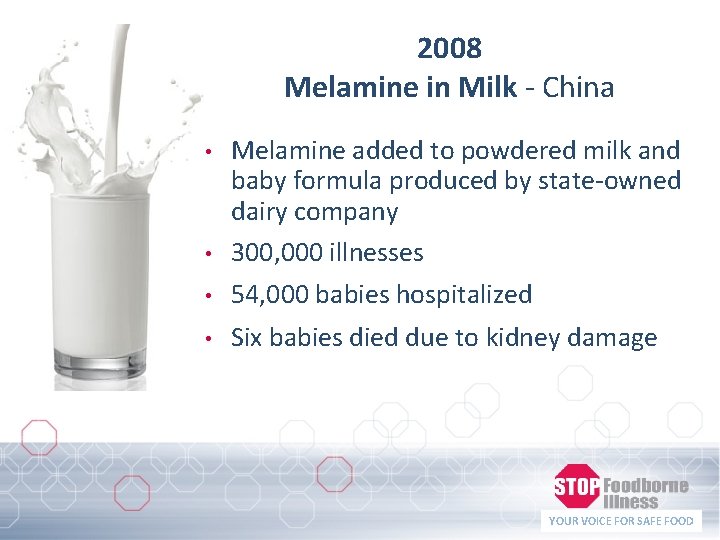 2008 Melamine in Milk - China • Melamine added to powdered milk and baby