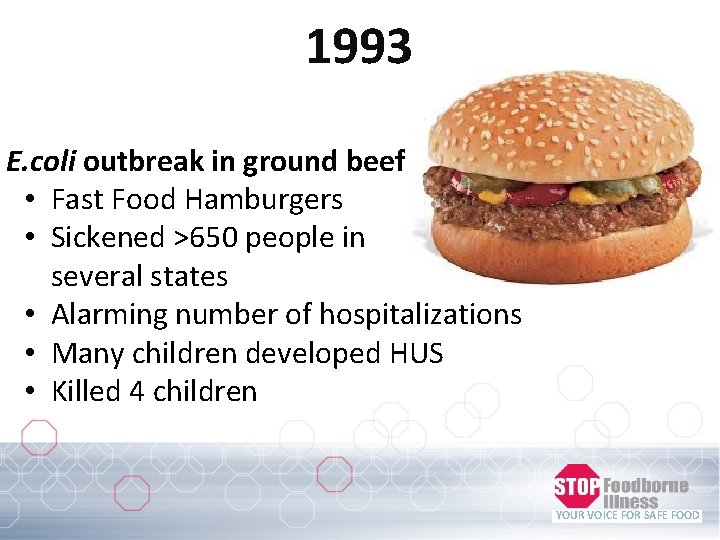 1993 E. coli outbreak in ground beef • Fast Food Hamburgers • Sickened >650