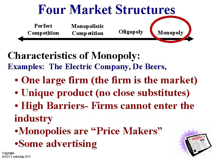 Four Market Structures Perfect Competition Monopolistic Competition Oligopoly Monopoly Characteristics of Monopoly: Examples: The