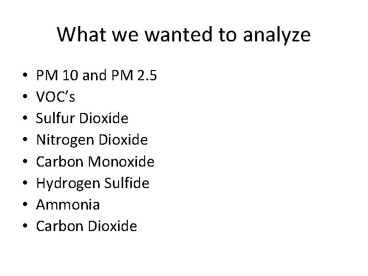 What we wanted to analyze • • PM 10 and PM 2. 5 VOC’s