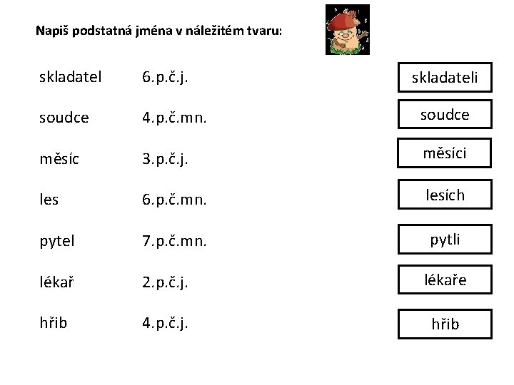 Napiš podstatná jména v náležitém tvaru: skladatel 6. p. č. j. soudce 4. p.