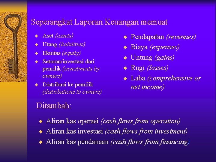 Seperangkat Laporan Keuangan memuat ¨ Aset (assets) ¨ Pendapatan (revenues) ¨ Utang (liabilities) ¨