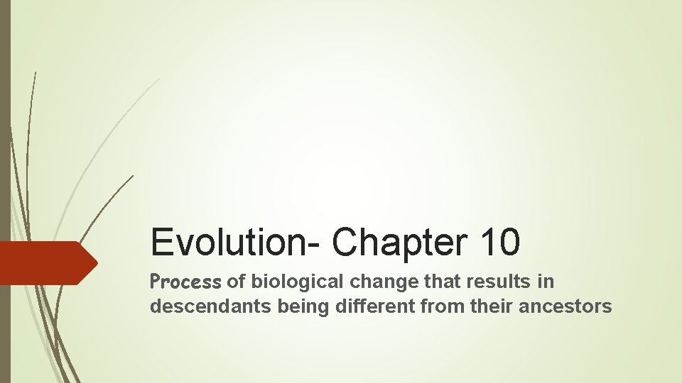 Evolution- Chapter 10 Process of biological change that results in descendants being different from