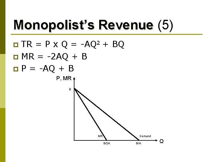 Monopolist’s Revenue (5) TR = P x Q = -AQ 2 + BQ p