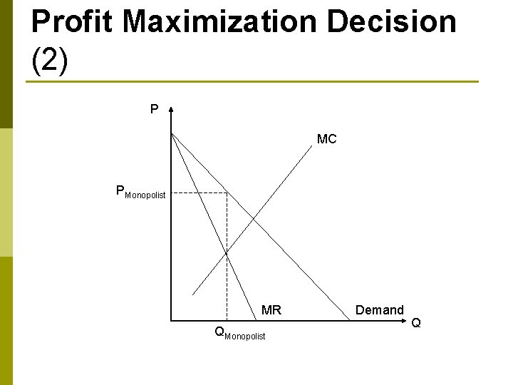 Profit Maximization Decision (2) P MC PMonopolist MR QMonopolist Demand Q 