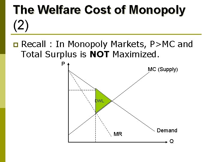 The Welfare Cost of Monopoly (2) p Recall : In Monopoly Markets, P>MC and