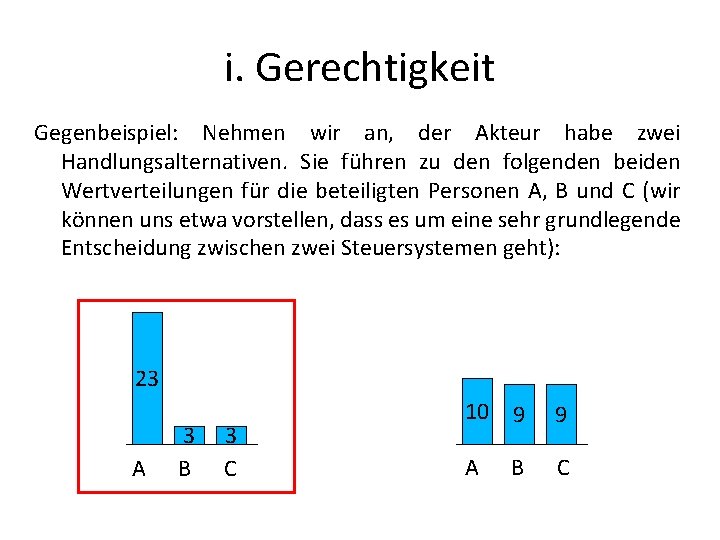 i. Gerechtigkeit Gegenbeispiel: Nehmen wir an, der Akteur habe zwei Handlungsalternativen. Sie führen zu