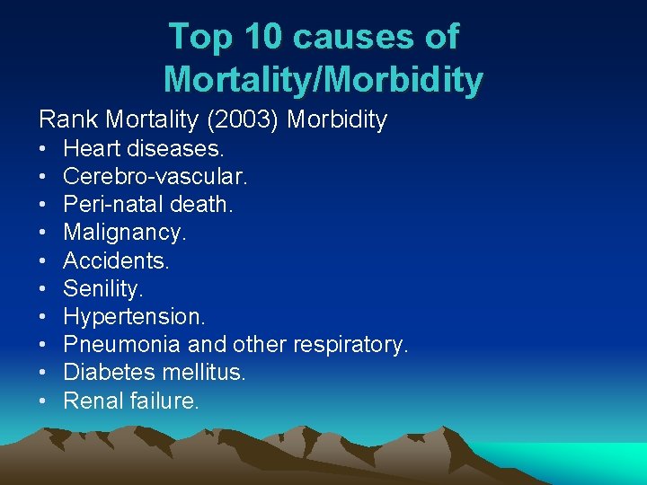 Top 10 causes of Mortality/Morbidity Rank Mortality (2003) Morbidity • • • Heart diseases.