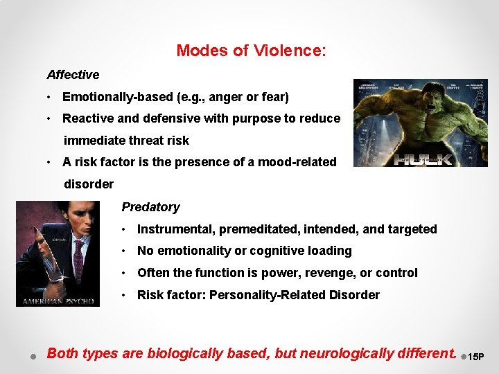 Modes of Violence: Affective • Emotionally-based (e. g. , anger or fear) • Reactive