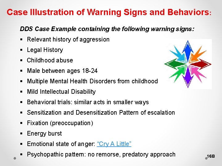 Case Illustration of Warning Signs and Behaviors: DDS Case Example containing the following warning