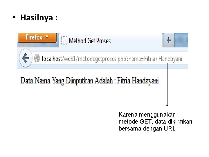  • Hasilnya : Karena menggunakan metode GET, data dikirmkan bersama dengan URL 