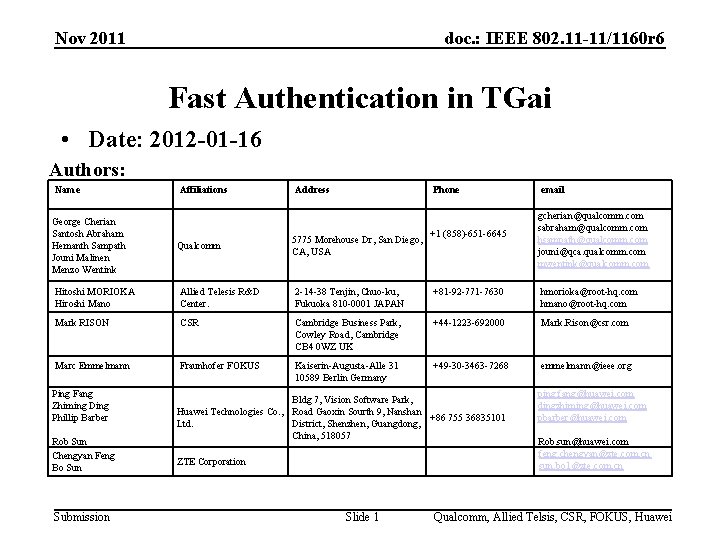 Nov 2011 doc. : IEEE 802. 11 -11/1160 r 6 Fast Authentication in TGai