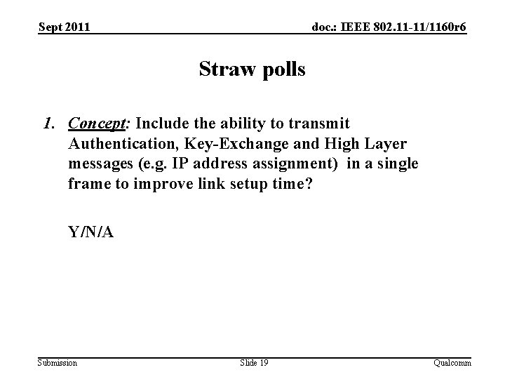 Sept 2011 doc. : IEEE 802. 11 -11/1160 r 6 Straw polls 1. Concept: