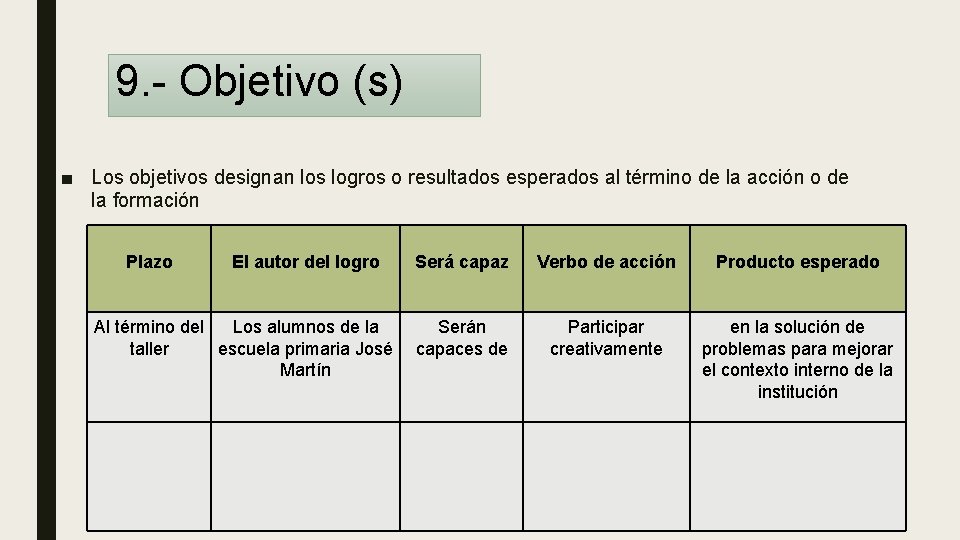 9. - Objetivo (s) ■ Los objetivos designan los logros o resultados esperados al