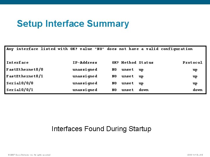 Setup Interface Summary Any interface listed with OK? value "NO" does not have a