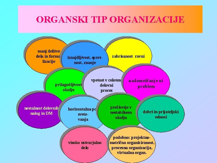 ORGANSKI TIP ORGANIZACIJE manj delitve dela in formalizacije iznajdljivost, spretnost, znanje prilagodljivost okolju nestalnost