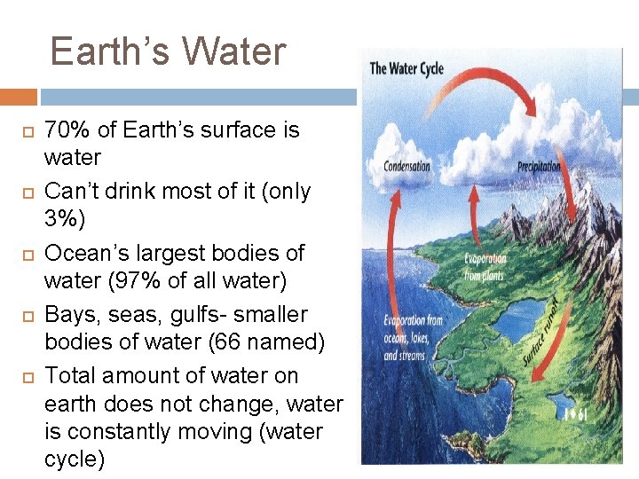 Earth’s Water 70% of Earth’s surface is water Can’t drink most of it (only