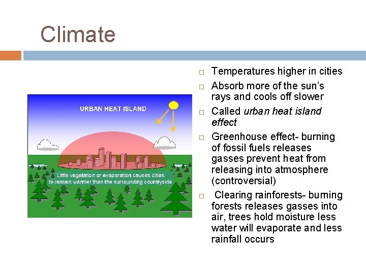 Climate Temperatures higher in cities Absorb more of the sun’s rays and cools off