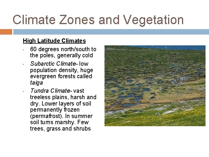 Climate Zones and Vegetation High Latitude Climates • 60 degrees north/south to the poles,
