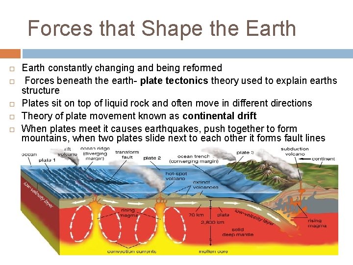 Forces that Shape the Earth constantly changing and being reformed Forces beneath the earth-