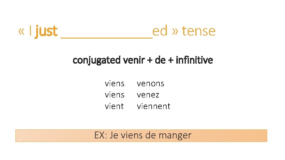  « I just ______ed » tense conjugated venir + de + infinitive viens