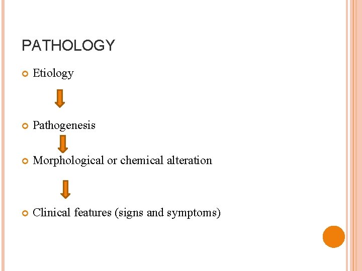 PATHOLOGY Etiology Pathogenesis Morphological or chemical alteration Clinical features (signs and symptoms) 