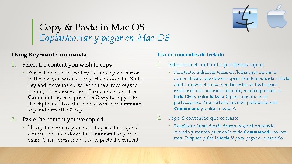 Copy & Paste in Mac OS Copiar/cortar y pegar en Mac OS Using Keyboard