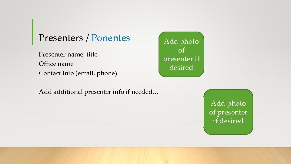 Presenters / Ponentes Presenter name, title Office name Contact info (email, phone) Add photo
