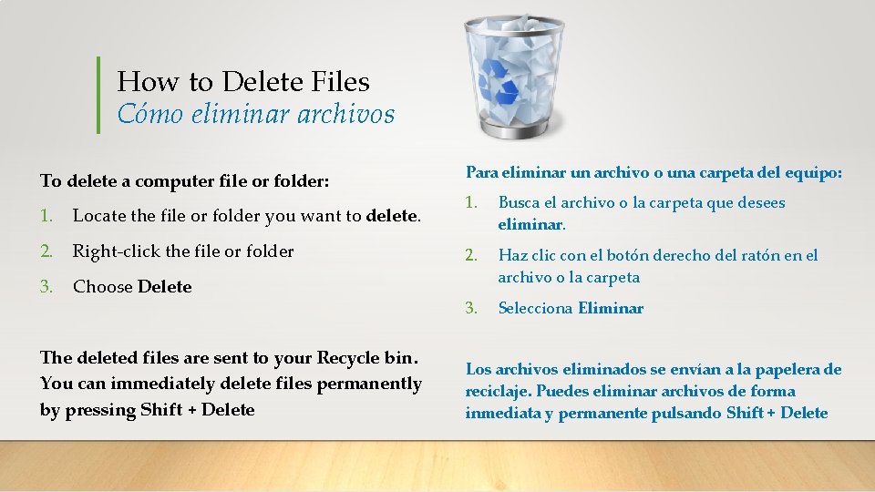 How to Delete Files Cómo eliminar archivos To delete a computer file or folder: