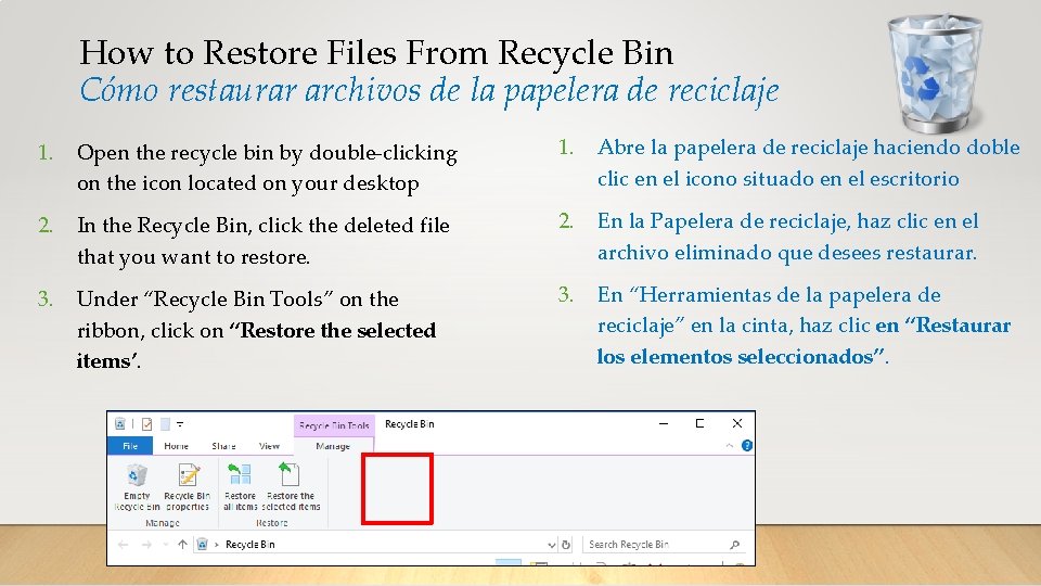 How to Restore Files From Recycle Bin Cómo restaurar archivos de la papelera de