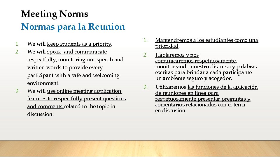 Meeting Norms Normas para la Reunion 1. 2. 3. We will keep students as