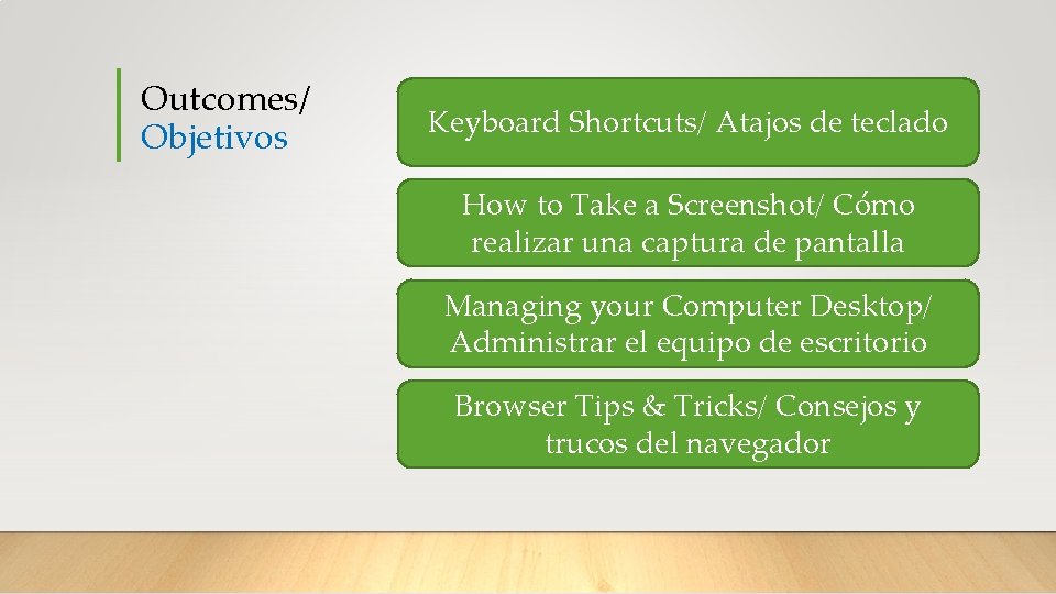 Outcomes/ Objetivos Keyboard Shortcuts/ Atajos de teclado How to Take a Screenshot/ Cómo realizar