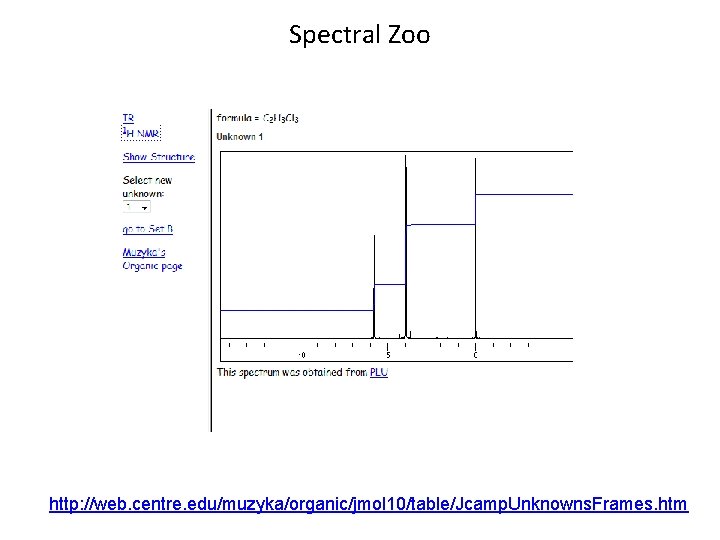 Spectral Zoo http: //web. centre. edu/muzyka/organic/jmol 10/table/Jcamp. Unknowns. Frames. htm 