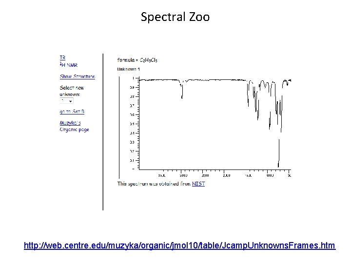 Spectral Zoo http: //web. centre. edu/muzyka/organic/jmol 10/table/Jcamp. Unknowns. Frames. htm 