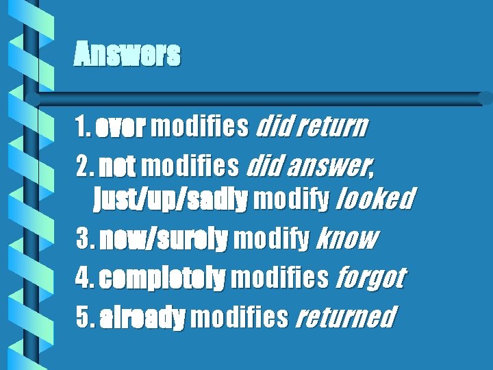 Answers 1. ever modifies did return 2. not modifies did answer, just/up/sadly modify looked
