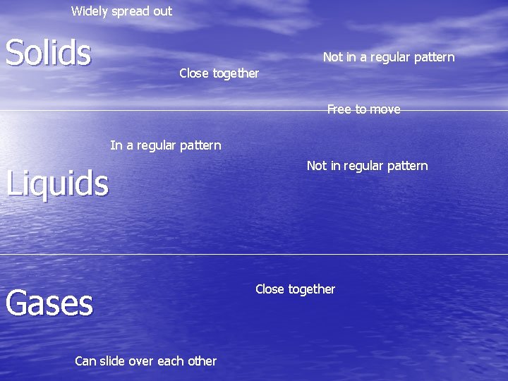 Widely spread out Solids Not in a regular pattern Close together Free to move