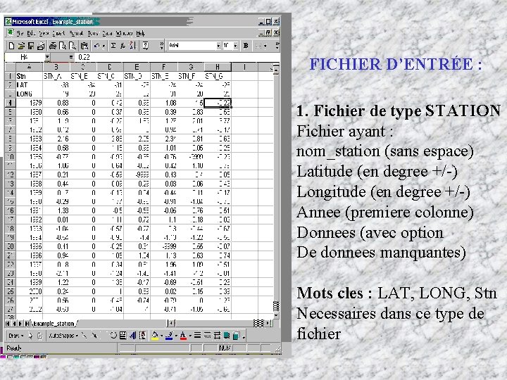 FICHIER D’ENTRÉE : 1. Fichier de type STATION Fichier ayant : nom_station (sans espace)