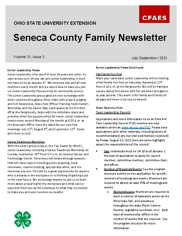 OHIO STATE UNIVERSITY EXTENSION Seneca County Family Newsletter Volume 31, Issue 3 Junior Leadership