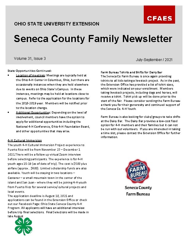 OHIO STATE UNIVERSITY EXTENSION Seneca County Family Newsletter Volume 31, Issue 3 State Opportunities