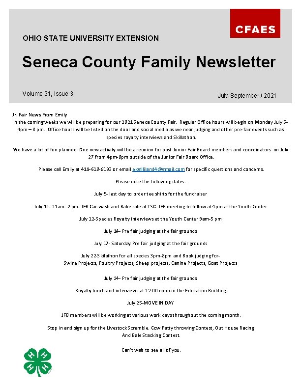 OHIO STATE UNIVERSITY EXTENSION Seneca County Family Newsletter Volume 31, Issue 3 July-September /