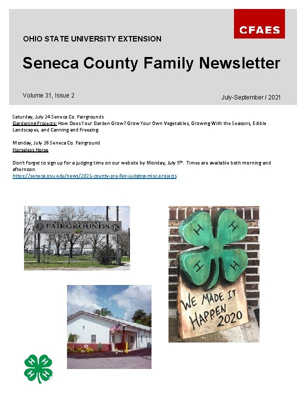 OHIO STATE UNIVERSITY EXTENSION Seneca County Family Newsletter Volume 31, Issue 2 July-September /