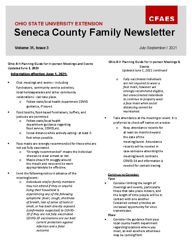 OHIO STATE UNIVERSITY EXTENSION Seneca County Family Newsletter Volume 31, Issue 3 July-September /